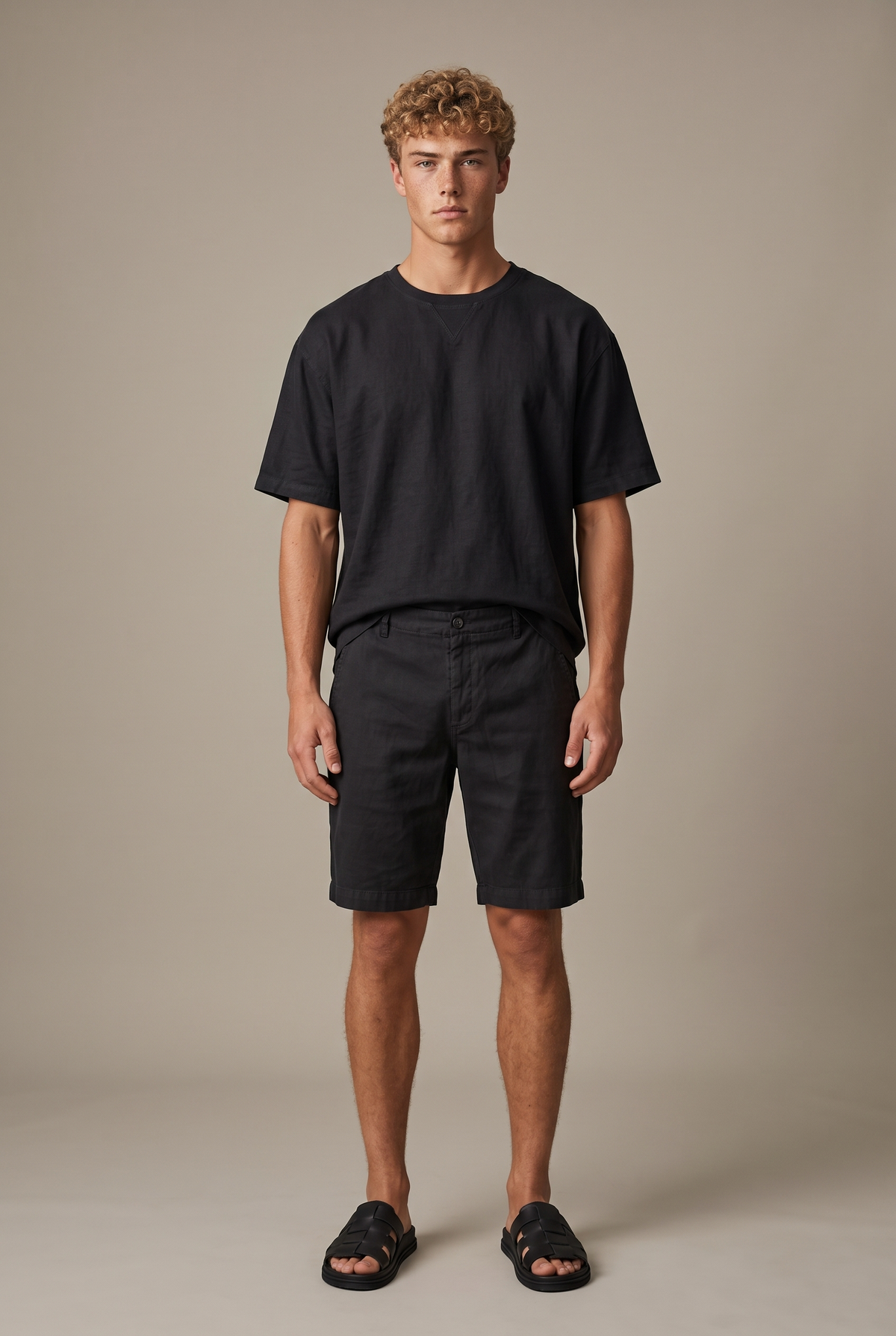 AN-SPANBER — Linen Bermuda Shorts — Black — styled look